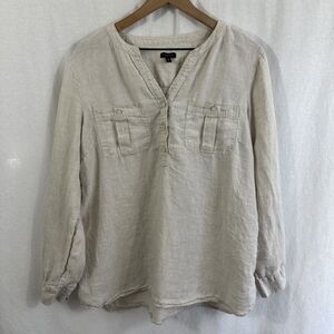 Talbots Beige 100% Linen Roll Tab Sleeve Popover Tunic Top Womens Size XL Beach